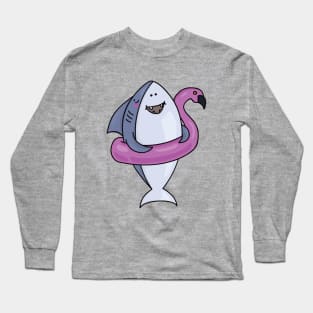 Floating Flamingo and Funny Cartoon Shark Long Sleeve T-Shirt